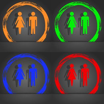 WC sign icon. Toilet symbol. Male and Female toilet. Fashionable modern style. In the orange, green, blue, red design. illustration