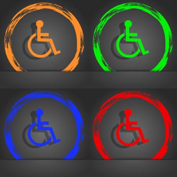 Disabled sign icon. Human on wheelchair symbol. Handicapped invalid sign. Fashionable modern style. In the orange, green, blue, red design. illustration