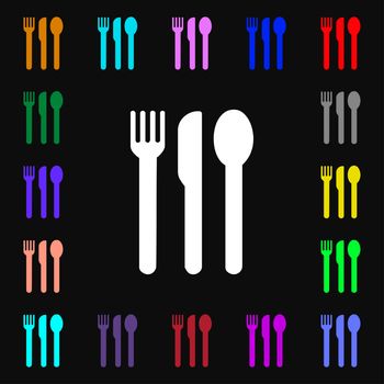 fork, knife, spoon icon sign. Lots of colorful symbols for your design. illustration