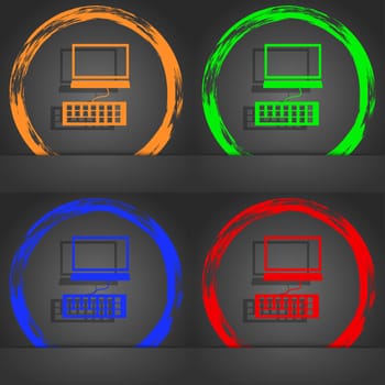 Computer monitor and keyboard Icon. Fashionable modern style. In the orange, green, blue, red design. illustration