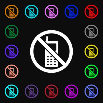 mobile phone is prohibited icon sign. Lots of colorful symbols for your design. illustration