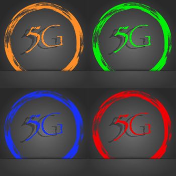 5G sign icon. Mobile telecommunications technology symbol. Fashionable modern style. In the orange, green, blue, red design. illustration