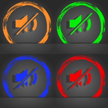 Mute speaker sign icon. Sound symbol.. Fashionable modern style. In the orange, green, blue, red design. illustration
