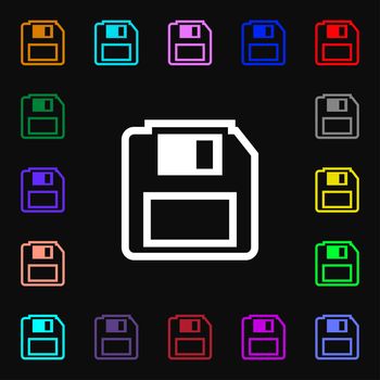 floppy disk icon sign. Lots of colorful symbols for your design. illustration