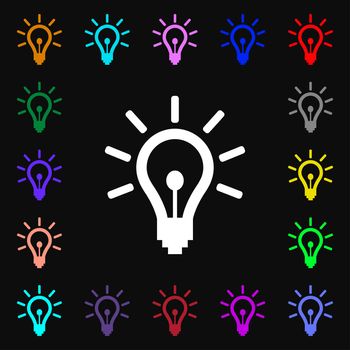 Light bulb icon sign. Lots of colorful symbols for your design. illustration