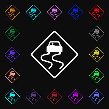 Road slippery icon sign. Lots of colorful symbols for your design. illustration
