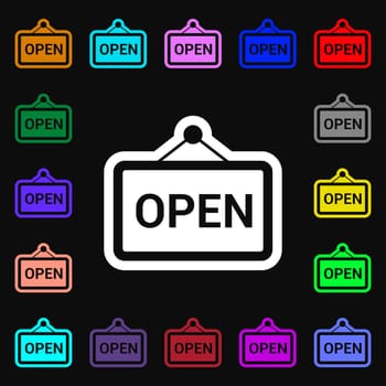 open icon sign. Lots of colorful symbols for your design. illustration