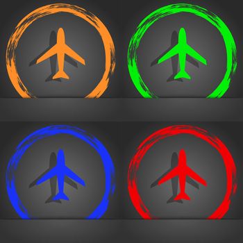 Airplane sign. Plane symbol. Travel icon. Flight flat label. Fashionable modern style. In the orange, green, blue, red design. illustration