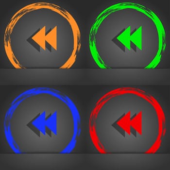 rewind icon symbol. Fashionable modern style. In the orange, green, blue, green design. illustration