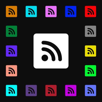 RSS feed icon sign. Lots of colorful symbols for your design. illustration