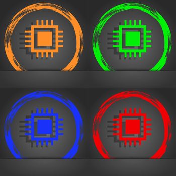 Central Processing Unit Icon. Technology scheme circle symbol. Fashionable modern style. In the orange, green, blue, red design. illustration