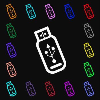 Usb flash drive icon sign. Lots of colorful symbols for your design. illustration