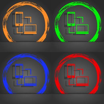Synchronization sign icon. communicators sync symbol. Data exchange. Fashionable modern style. In the orange, green, blue, red design. illustration