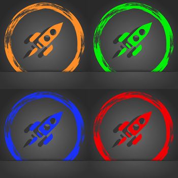 Rocket icon symbol. Fashionable modern style. In the orange, green, blue, green design. illustration