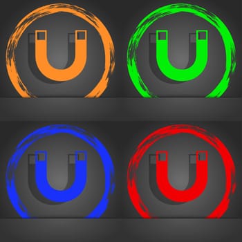 magnet sign icon. horseshoe it symbol. Repair sig. Fashionable modern style. In the orange, green, blue, red design. illustration
