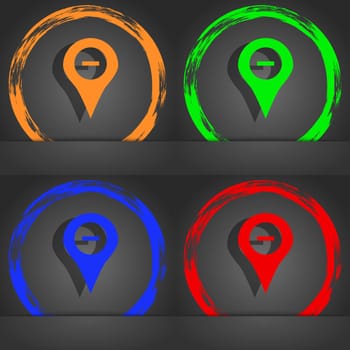 Minus Map pointer, GPS location icon symbol. Fashionable modern style. In the orange, green, blue, green design. illustration