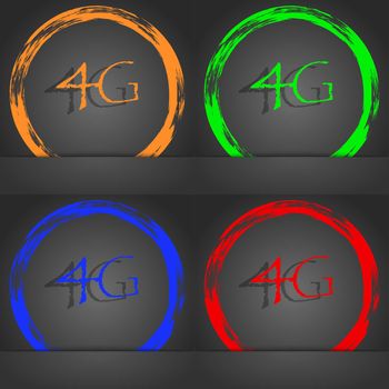4G sign icon. Mobile telecommunications technology symbol. Fashionable modern style. In the orange, green, blue, red design. illustration