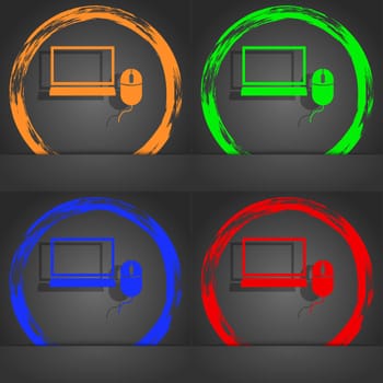 Computer widescreen monitor, mouse sign ico. Fashionable modern style. In the orange, green, blue, red design. illustration