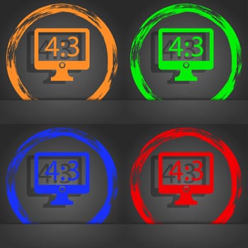 Aspect ratio 4 3 widescreen tv icon sign. Fashionable modern style. In the orange, green, blue, red design. illustration