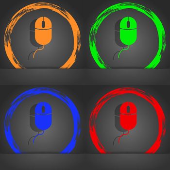 Computer mouse sign icon. Optical with wheel symbol. Fashionable modern style. In the orange, green, blue, red design. illustration