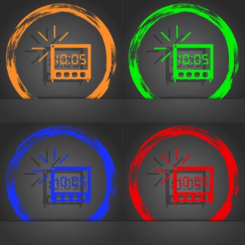 digital Alarm Clock icon sign. Fashionable modern style. In the orange, green, blue, red design. illustration