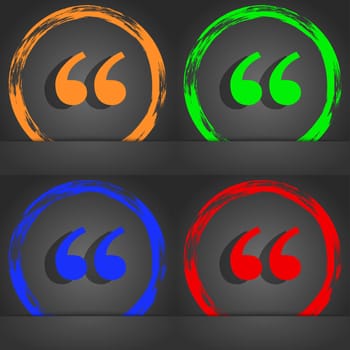 Double quotes at the beginning of words icon symbol. Fashionable modern style. In the orange, green, blue, green design. illustration