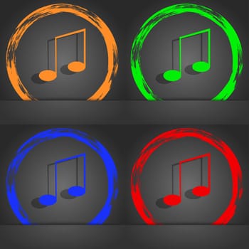Music note sign icon. Musical symbol. Fashionable modern style. In the orange, green, blue, red design. illustration