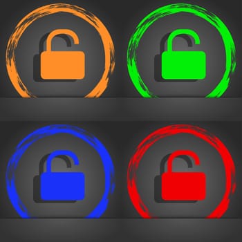 Open Padlock icon symbol. Fashionable modern style. In the orange, green, blue, green design. illustration