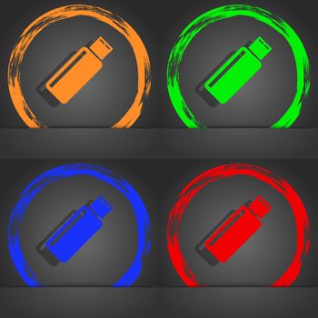 Usb sign icon. Usb flash drive stick symbol. Fashionable modern style. In the orange, green, blue, red design. illustration