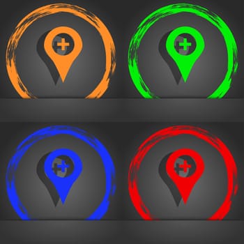 Plus Map pointer, GPS location icon symbol. Fashionable modern style. In the orange, green, blue, green design. illustration