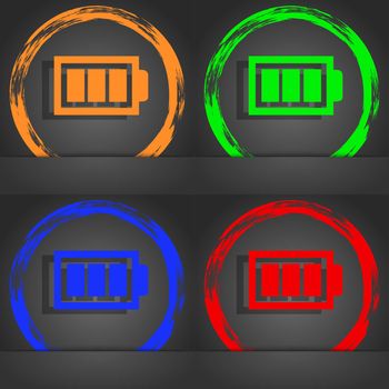 Battery fully charged sign icon. Electricity symbol. Fashionable modern style. In the orange, green, blue, red design. illustration