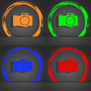 Photo camera sign icon. Digital photo camera symbol. Fashionable modern style. In the orange, green, blue, red design. illustration
