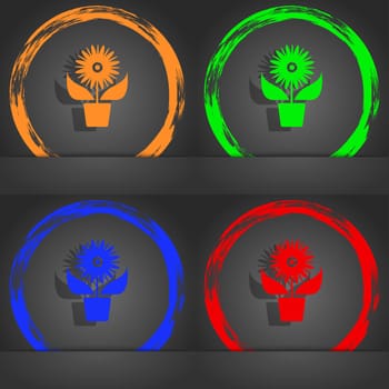 Flowers in pot icon sign. Fashionable modern style. In the orange, green, blue, red design. illustration
