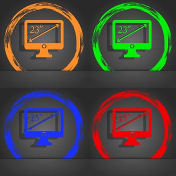 diagonal of the monitor 23 inches icon sign. Fashionable modern style. In the orange, green, blue, red design. illustration