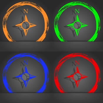 Compass sign icon. Windrose navigation symbol. Fashionable modern style. In the orange, green, blue, red design. illustration