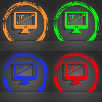 diagonal of the monitor 21 inches icon sign. Fashionable modern style. In the orange, green, blue, red design. illustration