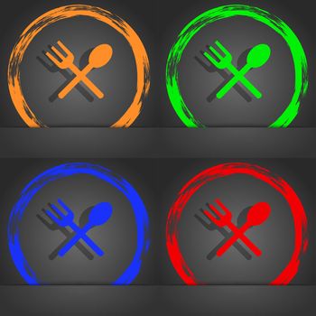 Fork and spoon crosswise, Cutlery, Eat icon sign. Fashionable modern style. In the orange, green, blue, red design. illustration