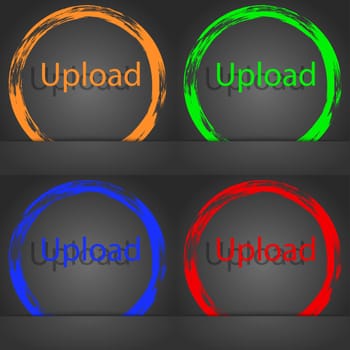 Upload sign icon. Load symbol. Fashionable modern style. In the orange, green, blue, red design. illustration