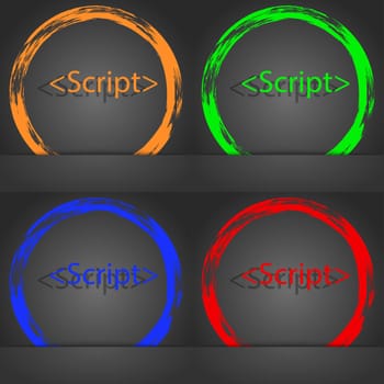 Script sign icon. Javascript code symbol. Fashionable modern style. In the orange, green, blue, red design. illustration