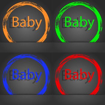 Baby on board sign icon. Infant in car caution symbol. Baby pacifier nipple. Fashionable modern style. In the orange, green, blue, red design. illustration