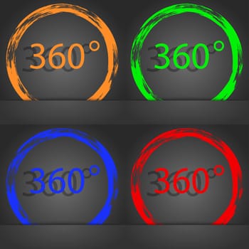 Angle 360 degrees sign icon. Geometry math symbol. Full rotation. Fashionable modern style. In the orange, green, blue, red design. illustration