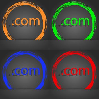 Domain COM sign icon. Top-level internet domain symbol. Fashionable modern style. In the orange, green, blue, red design. illustration