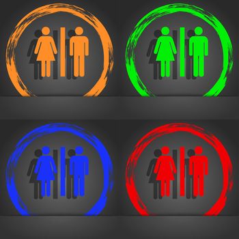 silhouette of a man and a woman icon symbol. Fashionable modern style. In the orange, green, blue, green design. illustration