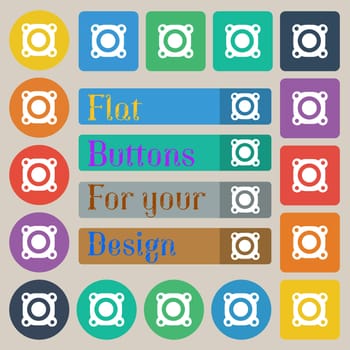 Speaker volume sign icon. Sound symbol. Set of twenty colored flat, round, square and rectangular buttons. illustration