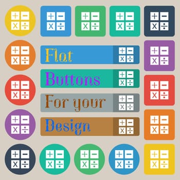 Multiplication, division, plus, minus icon Math symbol Mathematics. Set of twenty colored flat, round, square and rectangular buttons. illustration