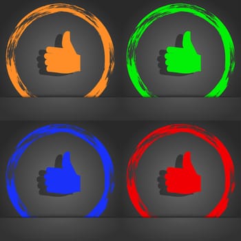 Like, Thumb up icon symbol. Fashionable modern style. In the orange, green, blue, green design. illustration