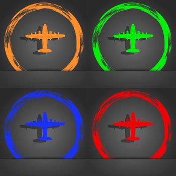 aircraft icon symbol. Fashionable modern style. In the orange, green, blue, green design. illustration