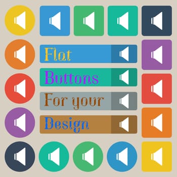 Speaker volume sign icon. Sound symbol. Set of twenty colored flat, round, square and rectangular buttons. illustration