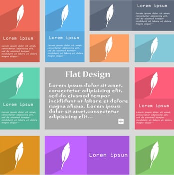 Feather sign icon. Retro pen symbol. Set of colored buttons illustration