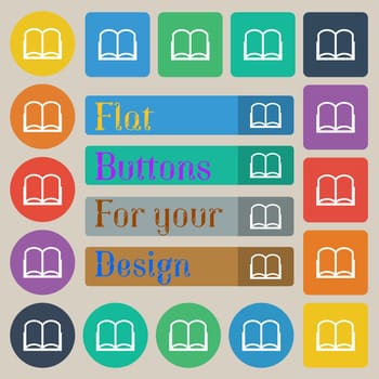 Book sign icon. Open book symbol. Set of twenty colored flat, round, square and rectangular buttons. illustration